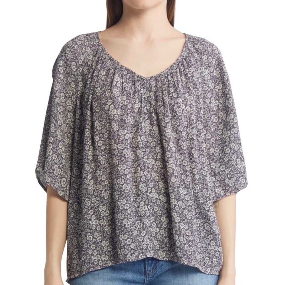 FAHERTY Amira Top In Navy Ditsy Floral Women's Size L Pullover Flutter Sleeve